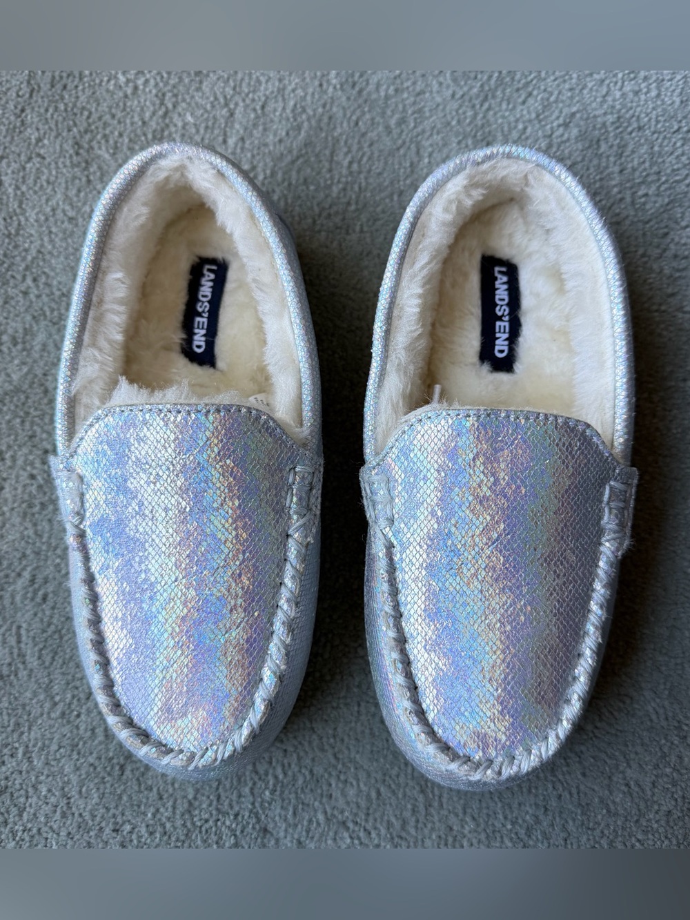Lands' End Kids' Holographic Fuzzy-Lined Moccasin Slippers